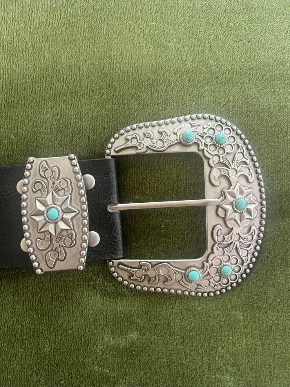 Western Turquoise Concho Belt with Ornate Silver Buckle